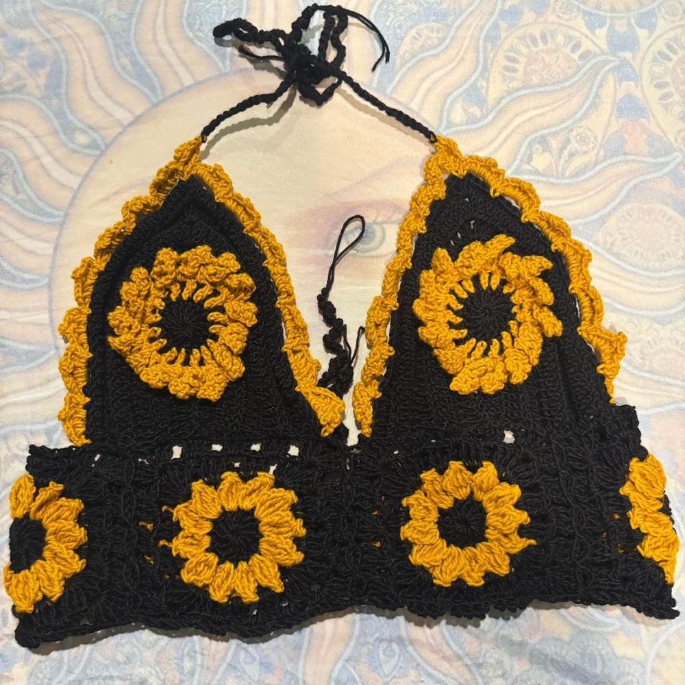Handmade Crochet Halter Top - Black and Gold